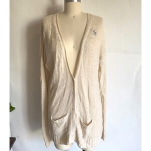 VTG Abercrombie & Fitch Wool Blend Long Line Textured Open Knit Cardigan-Cream-L
